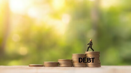Miniature Figure Walking on Stacks of Coins Symbolizing Financial Debt Concept