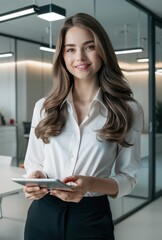 Fototapeta premium Professional woman, long wavy brown hair, white button-up shirt, office environment, confident smile, holding tablet, corporate setting, glass walls, modern interior, soft lighting, business attire, y