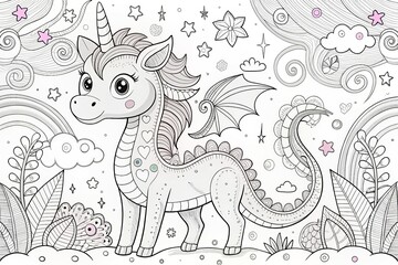 Fototapeta premium Cute Unicorn Dragon Coloring Page: Magical Creature Illustration for Kids