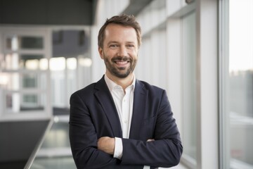 Fototapeta premium businessman, confident smile, professional attire, dark suit jacket, white shirt, office hallway, blurred background, corporate environment, natural lighting, portrait, crossed arms, clean-shaven, mid