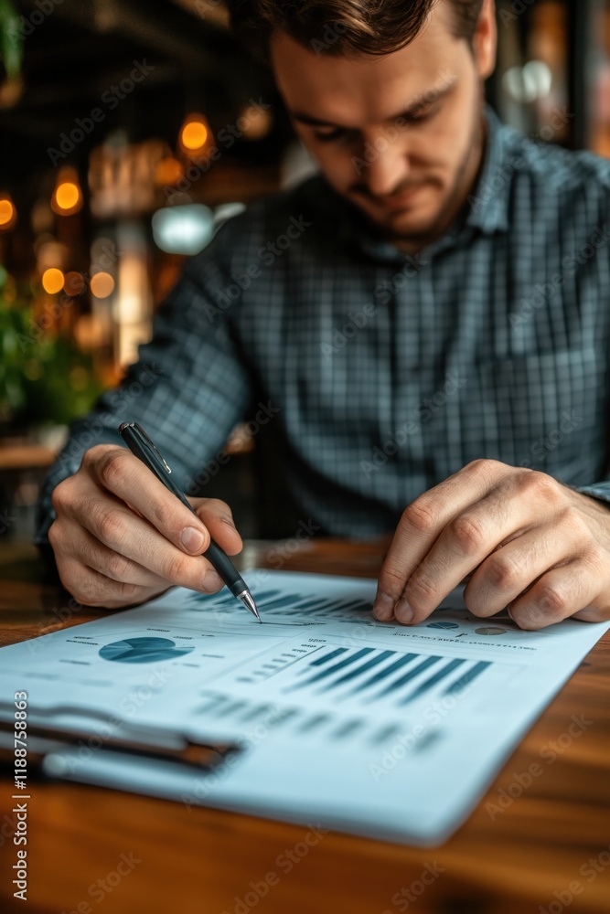 Poster focused man analyzing business charts graphs data in cafe