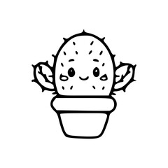 a line art drawing cartoon of a cute cactus with face for coloring page