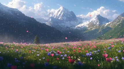 Fototapeta premium Magical Heart Shaped Petals Falling on Alpine Meadow Landscape