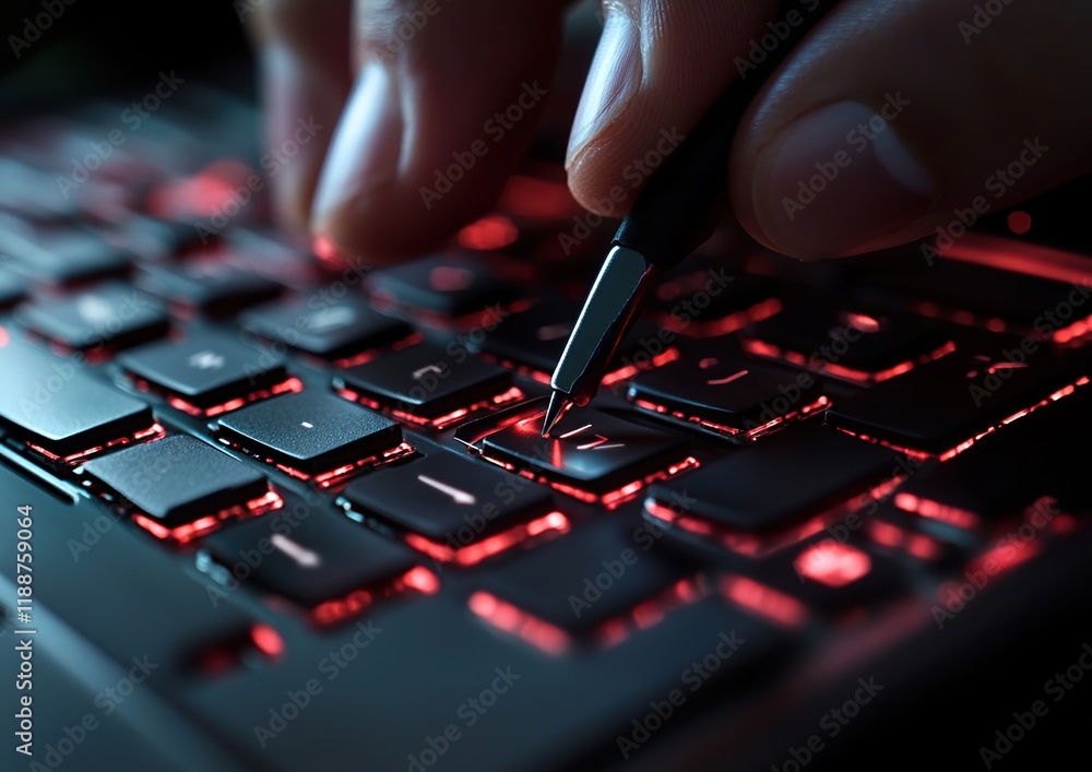 Poster fingers fly across illuminated keyboard, typing rapidly and efficiently in the dark. digital world.