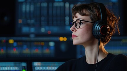 A musician using a high-fidelity headset in a recording studio.