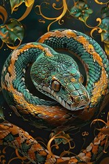 Fototapeta premium Amidst a vibrant and lush natural backdrop, a beautifully intricate snake can be seen. Its scales, adorned with a captivating blend of green and orange patterns, seamlessly integrate