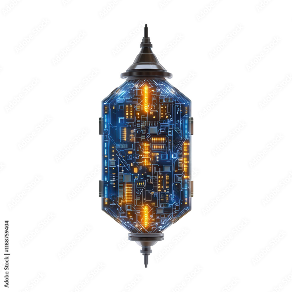Poster a futuristic lantern with intricate circuitry and illuminated components, blending technology and de