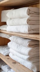 Obraz premium Stacked White Linen Bedding on Wooden Shelves