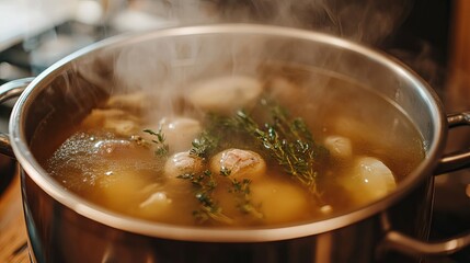 Steaming Bone Broth with Herbs and Rustic Vegetables 