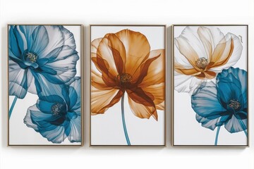 Abstract floral triptych, large vibrant watercolor flowers, blue and orange petals, white background, golden accents, modern wall art, elegant botanical paintings, minimalist style, fluid brushstrokes