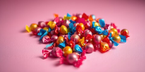 Obraz premium A vibrant pile of colorful wrapped sweets on a pink background