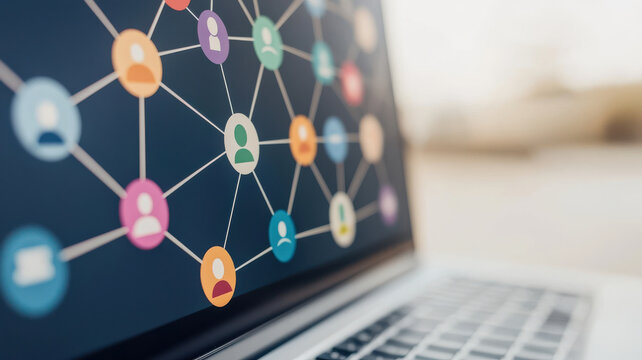 Rank coordinator network concept, social media network diagram displayed on laptop screen, showcasing connections