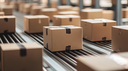 Cardboard Boxes on Conveyor Belt in Warehouse