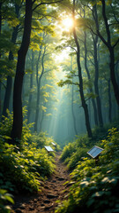 Obraz premium Photorealistic digital art image depicting a serene forest path leading to sustainable green energy, with sunlight streaming through the canopy and solar panels visible at end of path.