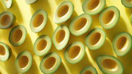 Halved Avocados with a Tropical Twist on a Yellow Background.