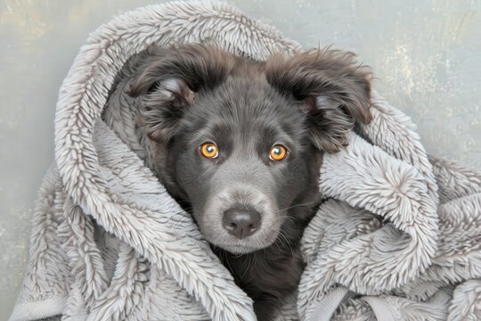 A black dog is curled up in a blanket