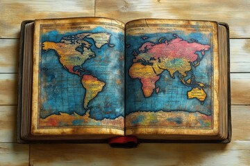 Antique open book displays colorful global map. Historical world map inside open aged book. Religious teachings spread globally represented in vintage style map. Inspirational image suitable for