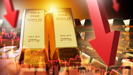 Falling gold prices. Chart decline in cost precious metals. Gold bullion price inflation. Down...