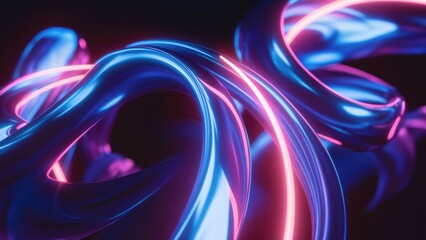 Abstract neon lights, swirling luminous ribbons, vibrant blue and pink streaks, dynamic fluid motion, glowing energy trails, futuristic light painting, dark background, ethereal glow, digital art, 3D 