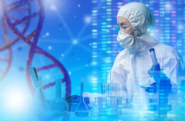 Genetic laboratory employee. Female bioengineer studies genome. Genetic chain on blue. Specialist...
