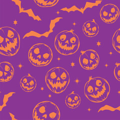 Halloween Spooky Jack-O-Lantern and Bats Seamless Pattern