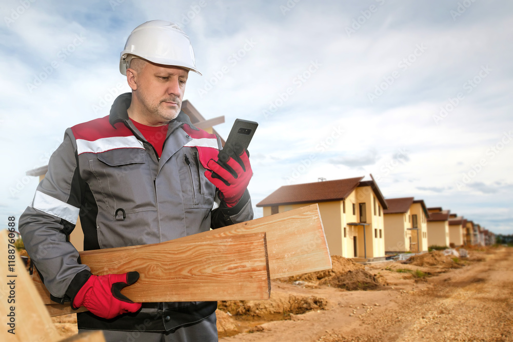 Poster man builder with phone in his hands. worker with planks on construction site. lumber for use in cons