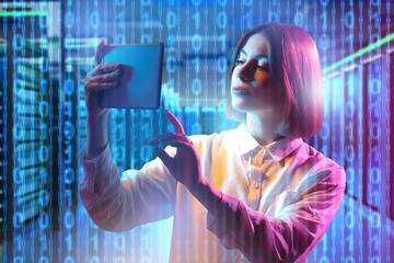 Woman system administrator. Binary code around girl with electronic tablet. System administrator...