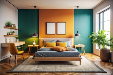 Empty Room Mockup Poster, Bedroom Interior Design, White Wall, Minimalist Decor