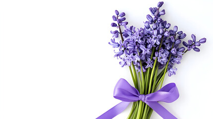 Greeting Card background with Flowers On beautiful purple Flower Bouquet, with purple ribbons  on the white background , Hyacinth bouquet 