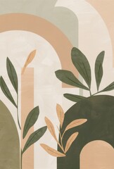 Abstract botanical art, minimalist leaves and shapes, earth tones palette, muted colors, textured canvas background, geometric arches, modern wall art, Scandinavian design influence, organic forms, si