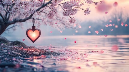Romantic Heart Lantern Hanging from Cherry Blossom Tree by Peaceful Lake at Sunset