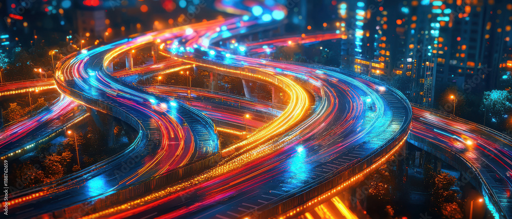 Poster rank coordinator network abstract concept, vibrant cityscape with glowing bridges and dynamic traffi