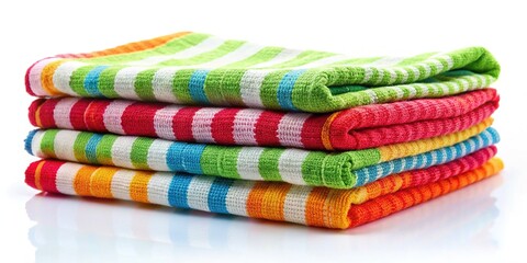 Folded Kitchen Towel, Colorful Dishcloth, Bright Kitchen Linen, Clean Textile,  Isolated White Background