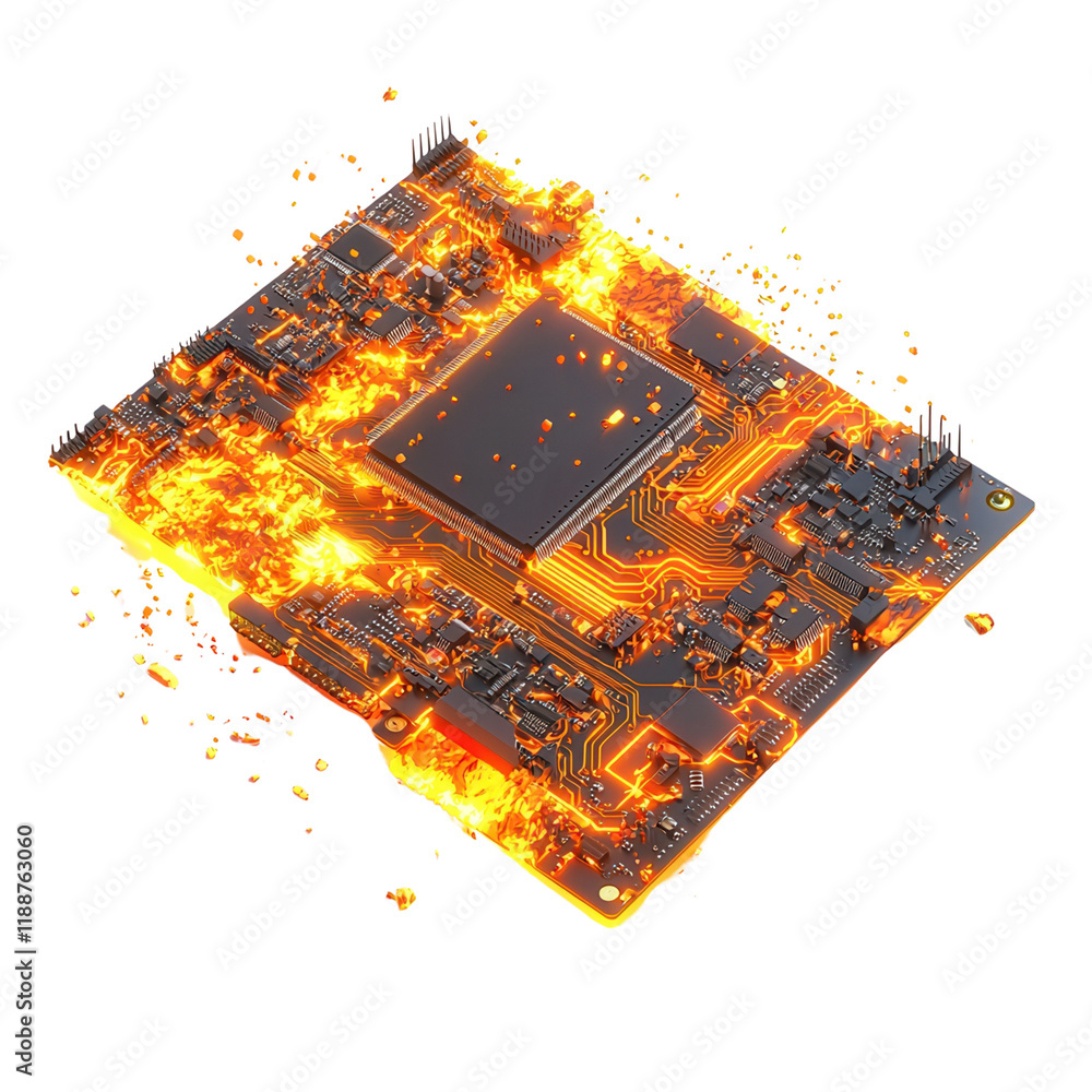 Poster a circuit board engulfed in flames, showcasing intricate circuitry and a central processing unit.