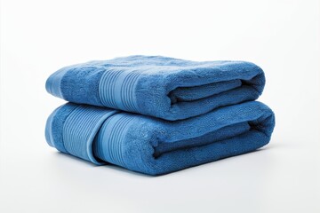 Folded blue towels, soft texture, plush fabric, stacked linens, bathroom essentials, cozy home decor, vibrant cyan color, clean and fresh, hotel quality, spa amenities, high-resolution photograph, stu