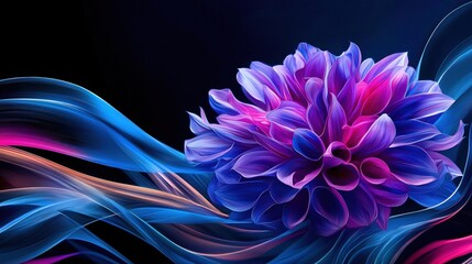 Vibrant Purple Dahlia Blossom with Abstract Blue Swirls Artistic Floral Design