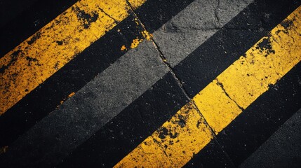 Abstract View of Yellow and Black Diagonal Stripes on Weathered Pavement, Capturing Urban Elements and Industrial Aesthetics in a Unique Composition