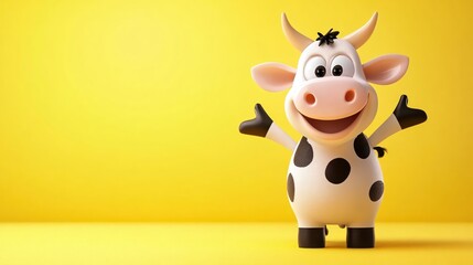 Happy Cartoon Cow Welcoming Yellow Background Cheerful Friendly Farm Animal Illustration