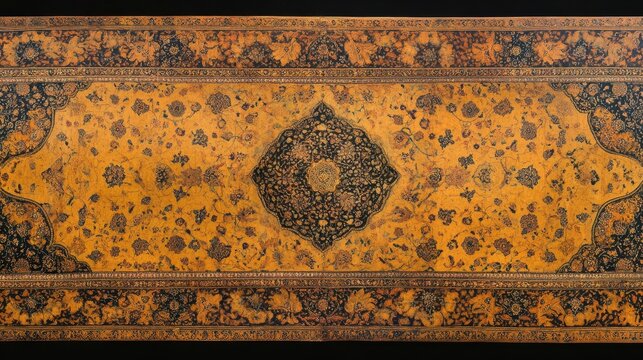 Intricate Persian Carpet Design: A Detailed Look at a Golden and Black Floral Pattern on Antique Textile.