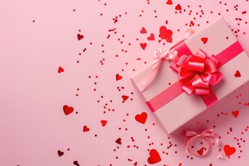 Pink gift box wrapped red ribbon bow with red hearts and confetti on a pastel pink background. St Valentine's Day holiday concept. Top view, flat lay, copy space. MZ