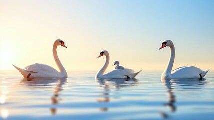 Naklejka premium Serene Swan Family at Sunrise Peaceful Water Reflections