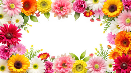 frame of colorful flowers, isolated soft focus on the transparent background