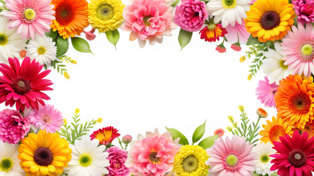 frame of colorful flowers, isolated soft focus on the transparent background