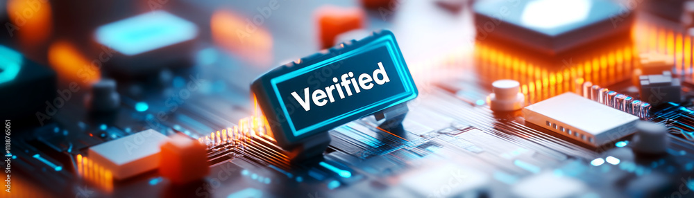 Poster innovative technology verification process digital circuit board high-tech visuals futuristic enviro