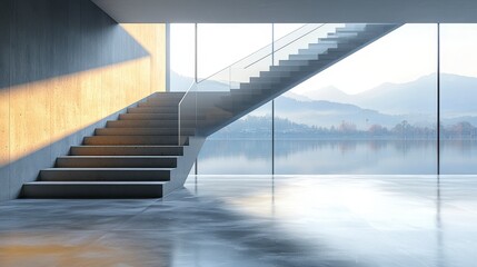 Modern concrete staircase with glass railing in a minimalist building overlooking a lake and mountains.