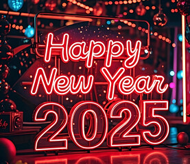Happy New Year 2025 neon lettering.