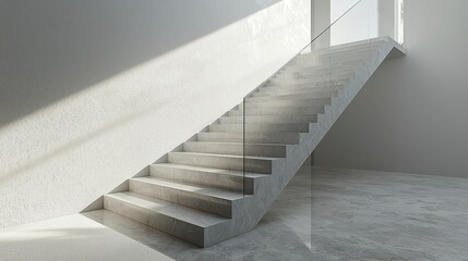Fototapeta premium Modern concrete staircase with glass railing, sunlit.