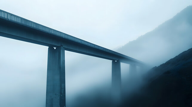 vanishing into dense fog, evoking a sense of mystery and adventure 