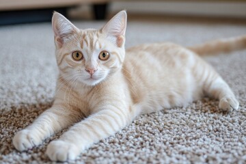 A cream-colored cat lies on the carpet, with its head resting between its paws and tail raised high in an open space