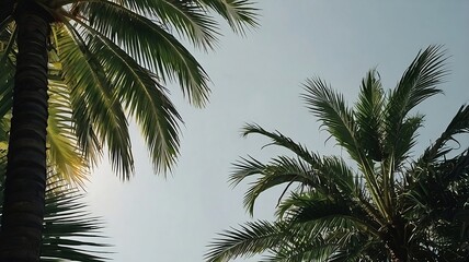 palm tree and sky. Palm Tree Leaves Against Blue Sky, Tropical Paradise, Palm Tree View. Palm Fronds, Summer Vibes